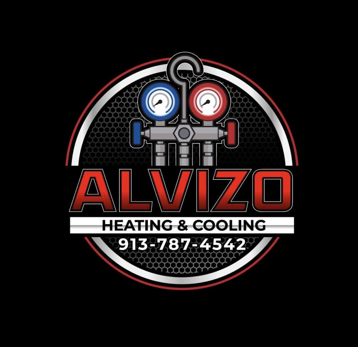 Alvizo Heating & Cooling badge logo with manifold gauges and phone number 913-787-4542