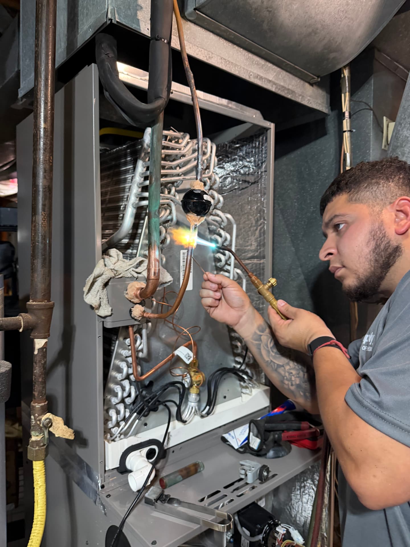 Evaporator coil brazing by Alvizo Heating & Cooling in Leawood, KS